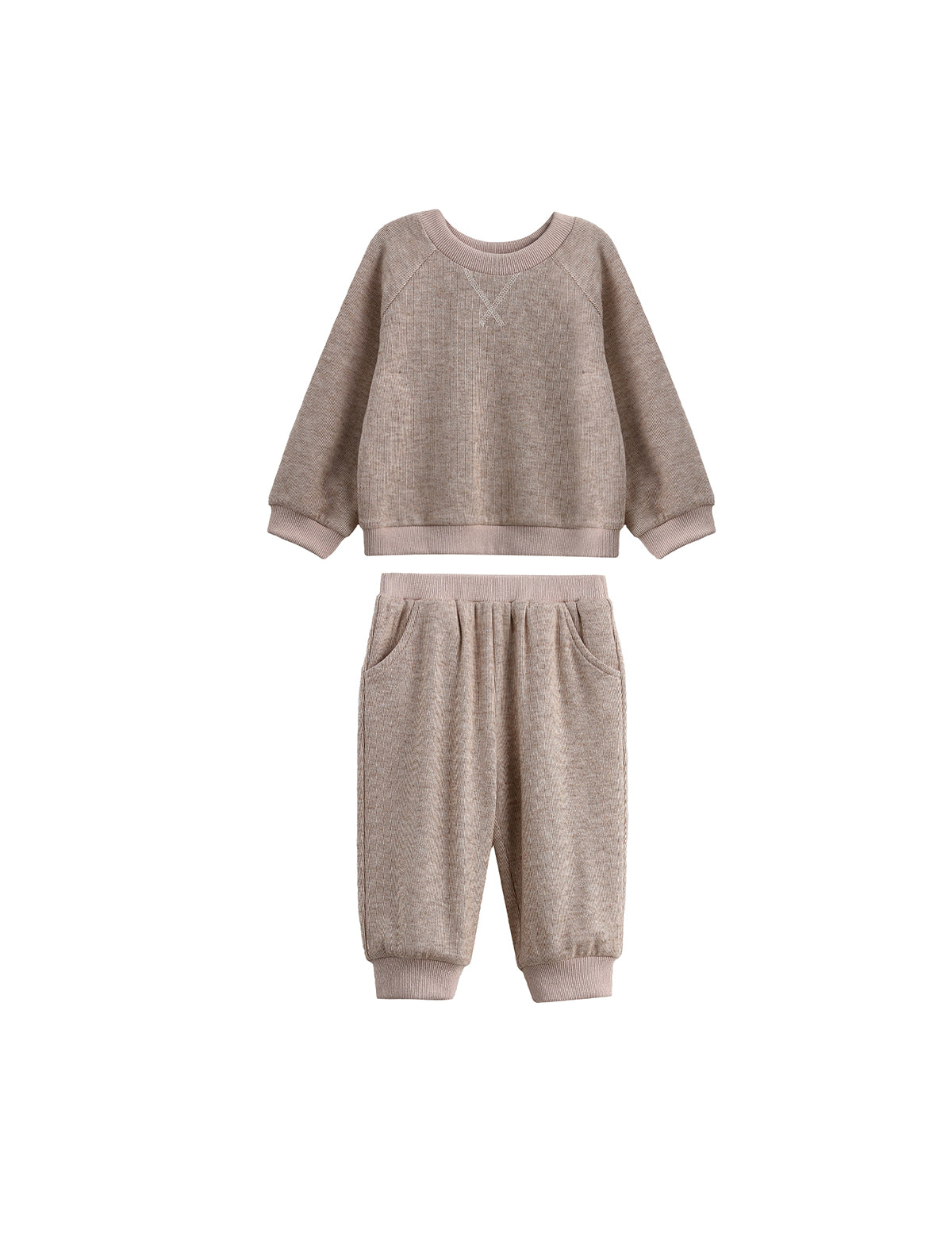 The Beckett and Bear Levi Long Sleeve Solid Ribbed Sweatshirt and Jogger Set is a cozy two-piece heathered taupe outfit for toddlers. Featuring textured ribbed knit fabric, both the sweatshirt and matching jogger pants have ribbed cuffs and are perfect loungewear for fall, displayed here on a white background.