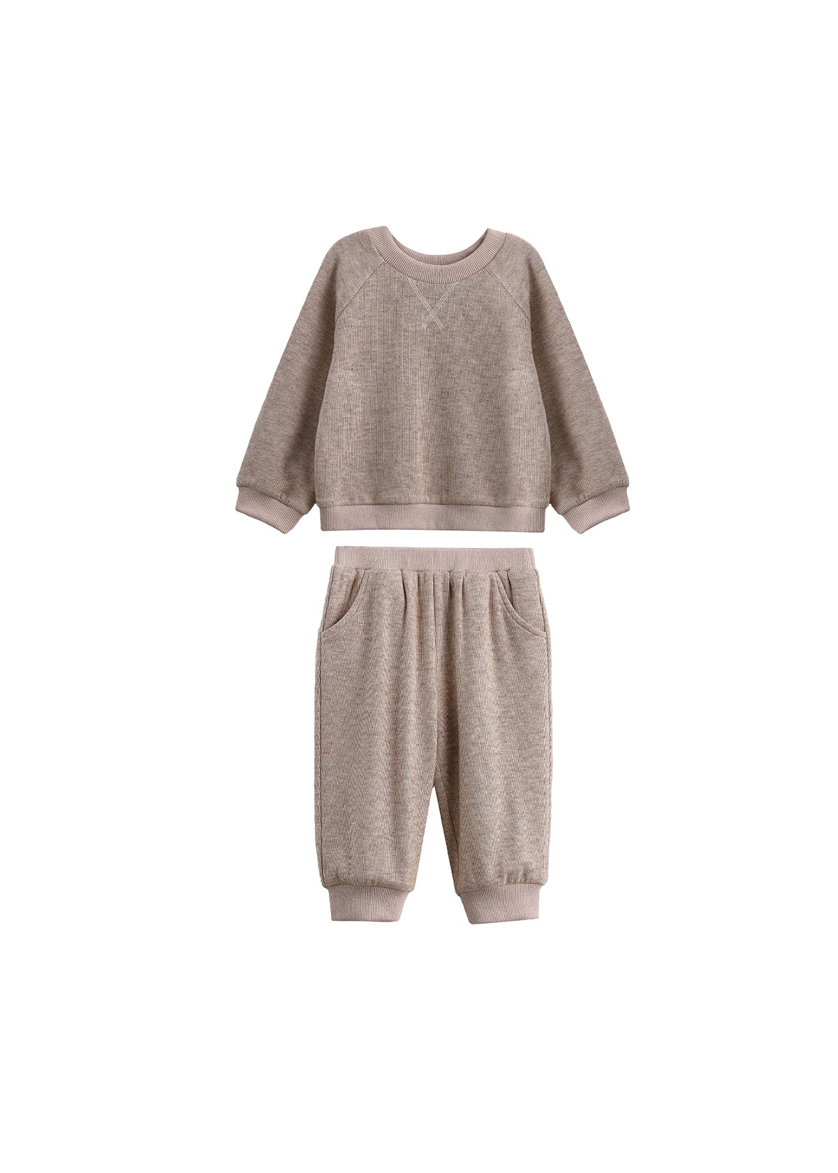 The Beckett and Bear Levi Long Sleeve Solid Ribbed Sweatshirt and Jogger Set is a cozy two-piece heathered taupe outfit for toddlers. Featuring textured ribbed knit fabric, both the sweatshirt and matching jogger pants have ribbed cuffs and are perfect loungewear for fall, displayed here on a white background.