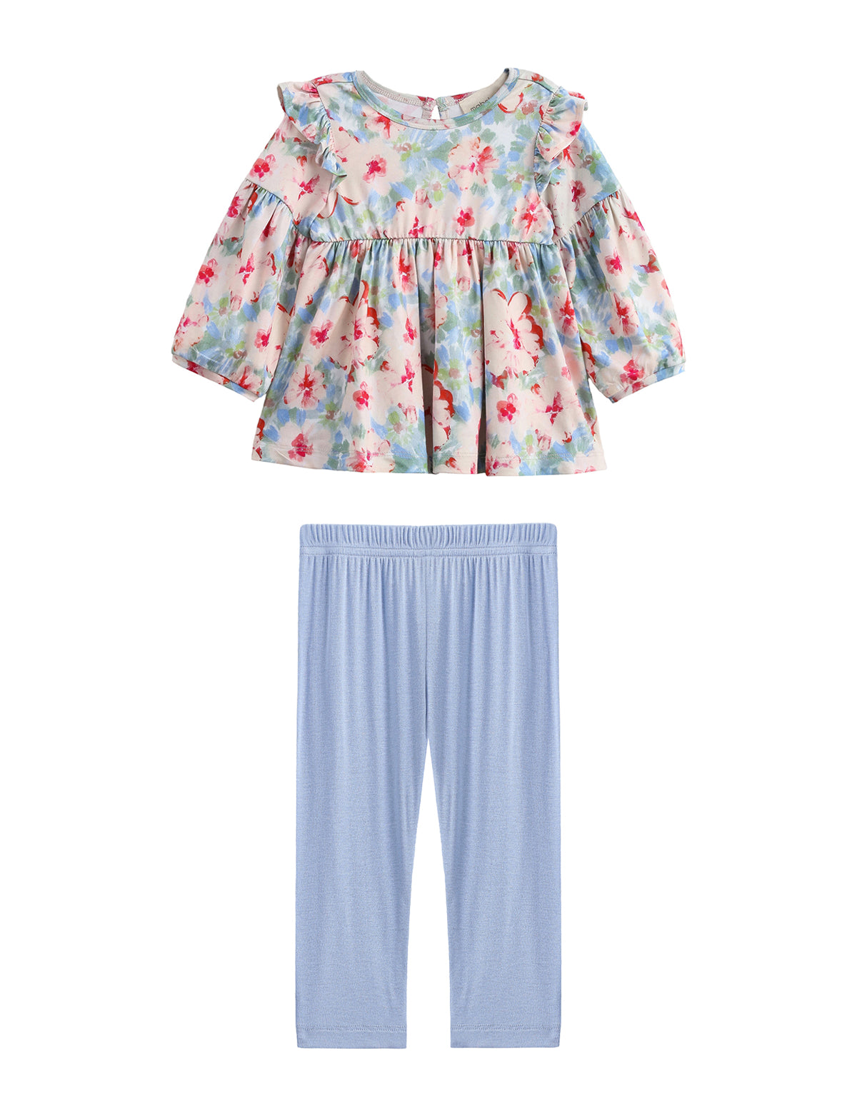 Mabel + Honey introduces the Floral Flutter Two Piece Set—a long sleeve, ruffle shoulder top with a watercolor floral design, paired with light blue leggings—all beautifully displayed on a white background.