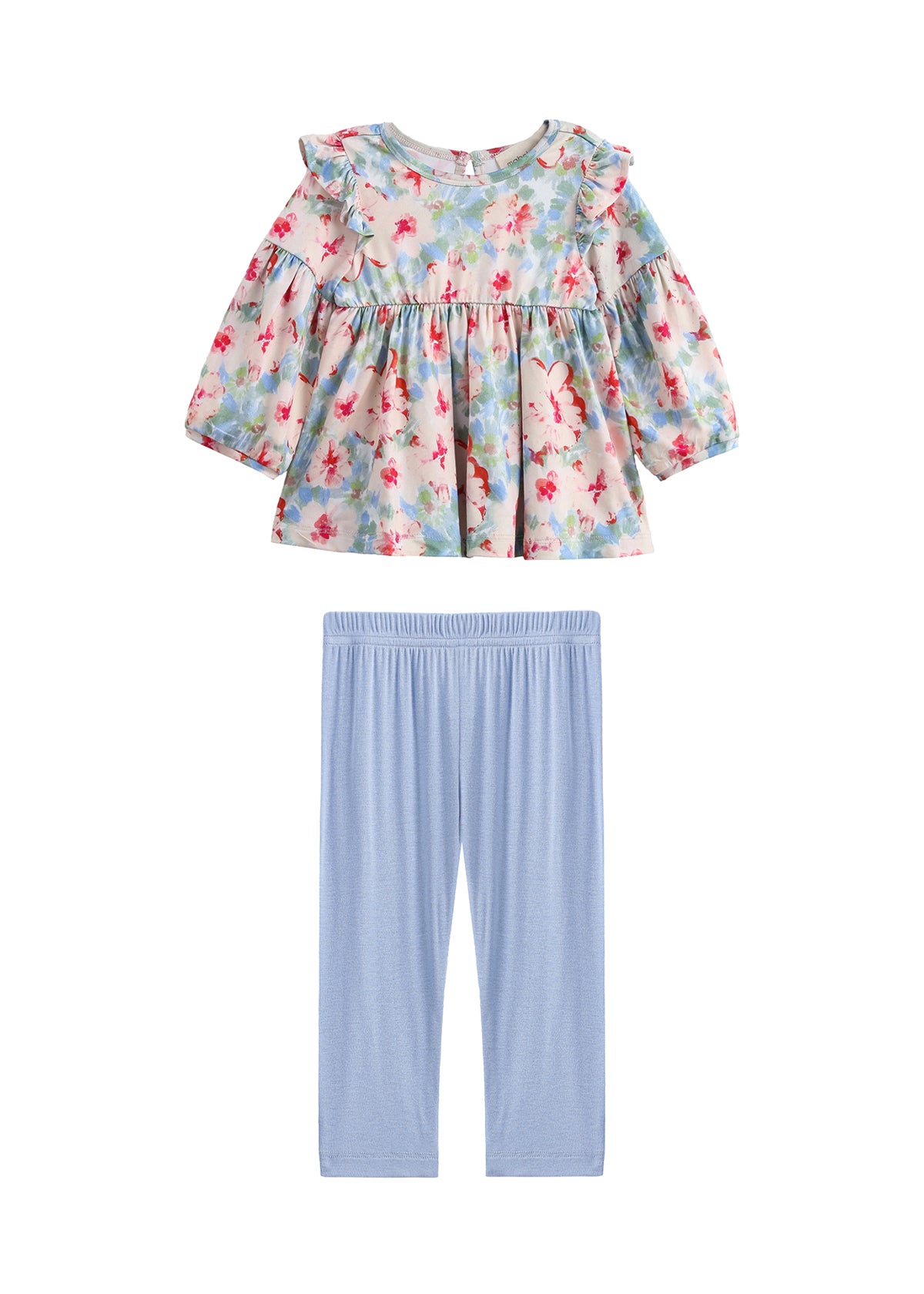 Mabel + Honey introduces the Floral Flutter Two Piece Set—a long sleeve, ruffle shoulder top with a watercolor floral design, paired with light blue leggings—all beautifully displayed on a white background.