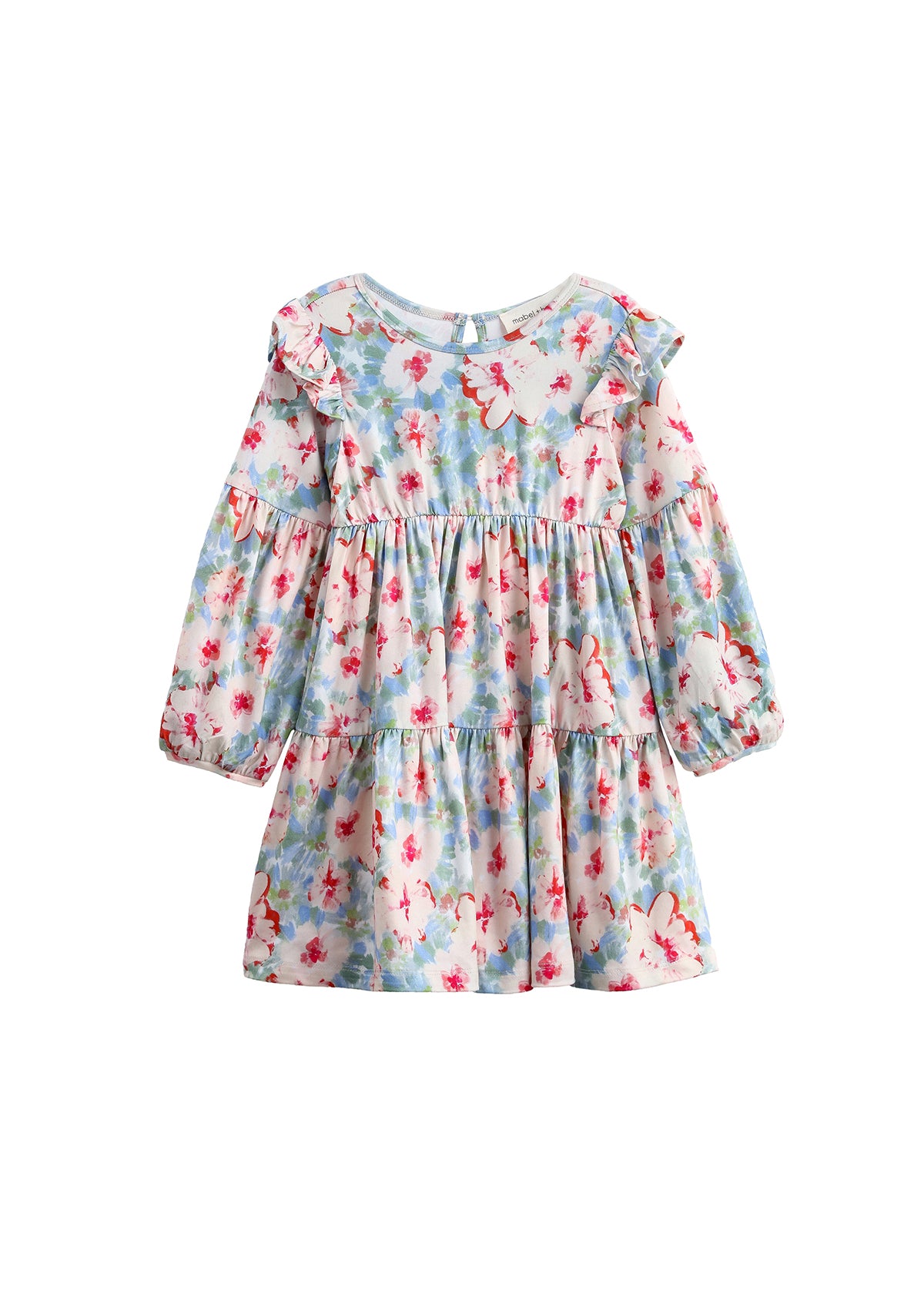 The Mabel + Honey Floral Flutter Dress is a children’s long-sleeve dress featuring a blue base with a pink, red, and white floral print, ruffle shoulders, bishop sleeves, a round neckline, and an enchanting tiered skirt.