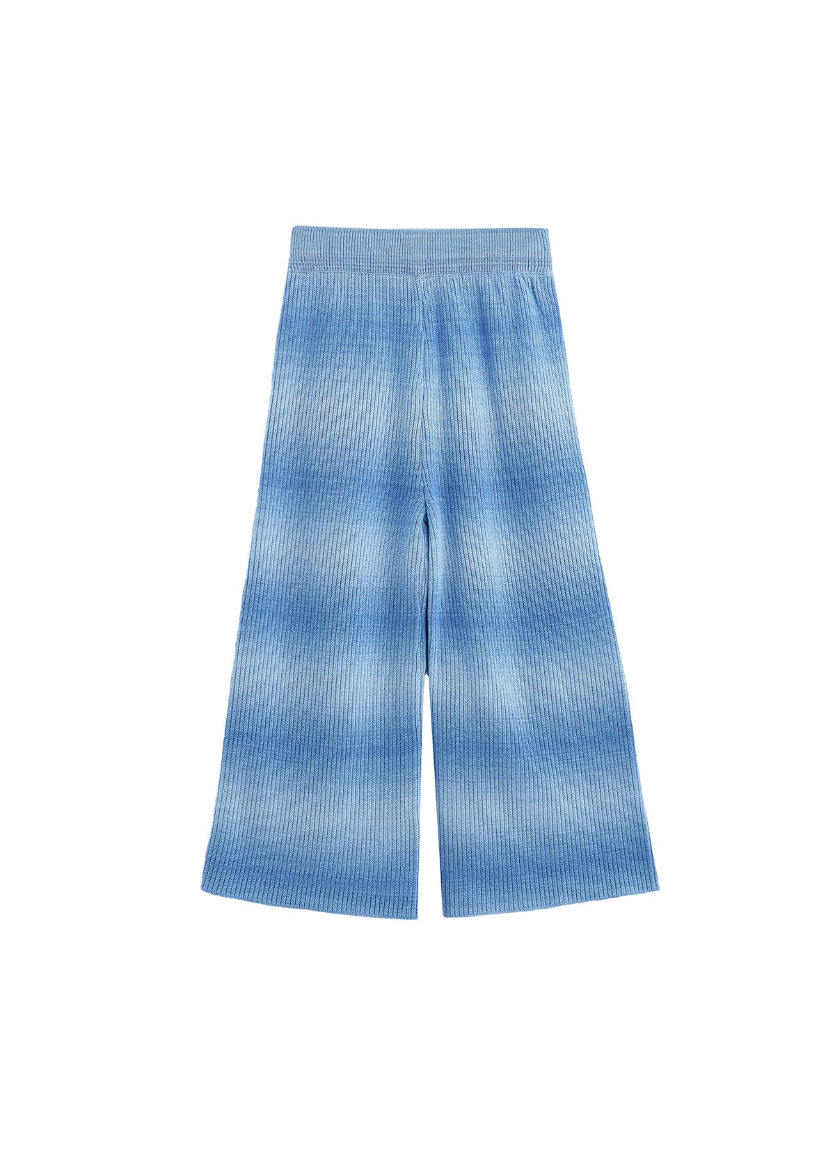 The Nova Wide Leg Ombre Ribbed Knit Pants by Mabel and Honey are shown laid flat on a white background. These pants feature a blue ombre ribbed knit design, an elastic waistband, and a loose, comfortable fit.
