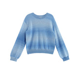 Introducing the Nova Long Sleeve Ombre Ribbed Knit Sweater by Mabel and Honey—a relaxed-fit, crew neckline sweater featuring a striking blue gradient and ribbed knit design.