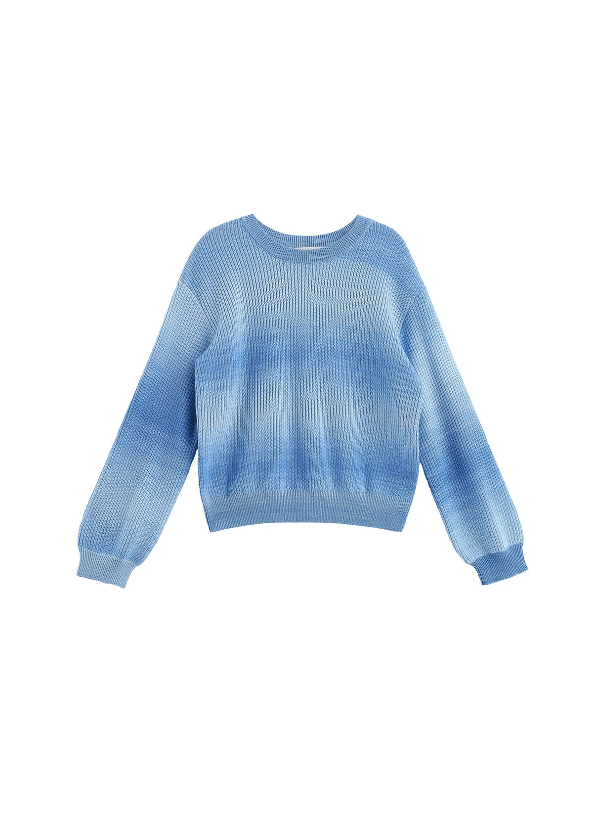 Introducing the Nova Long Sleeve Ombre Ribbed Knit Sweater by Mabel and Honey—a relaxed-fit, crew neckline sweater featuring a striking blue gradient and ribbed knit design.