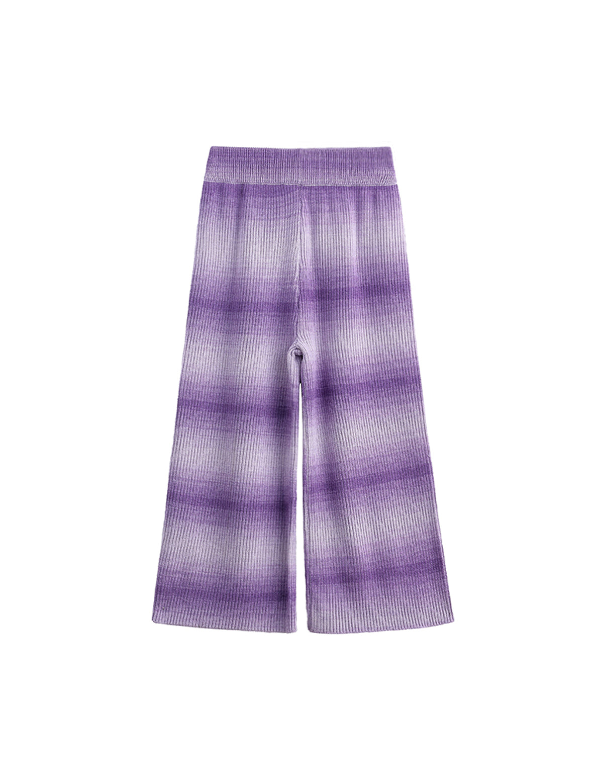 The Tessa Wide Leg Ombre Ribbed Knit Pants by Mabel and Honey feature a striking purple ombre tie-dye pattern.