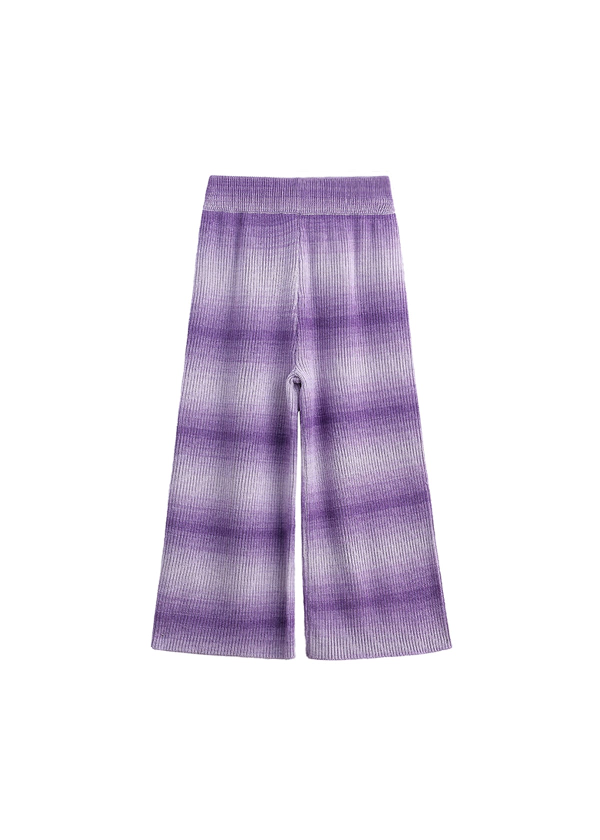 The Tessa Wide Leg Ombre Ribbed Knit Pants by Mabel and Honey feature a striking purple ombre tie-dye pattern.