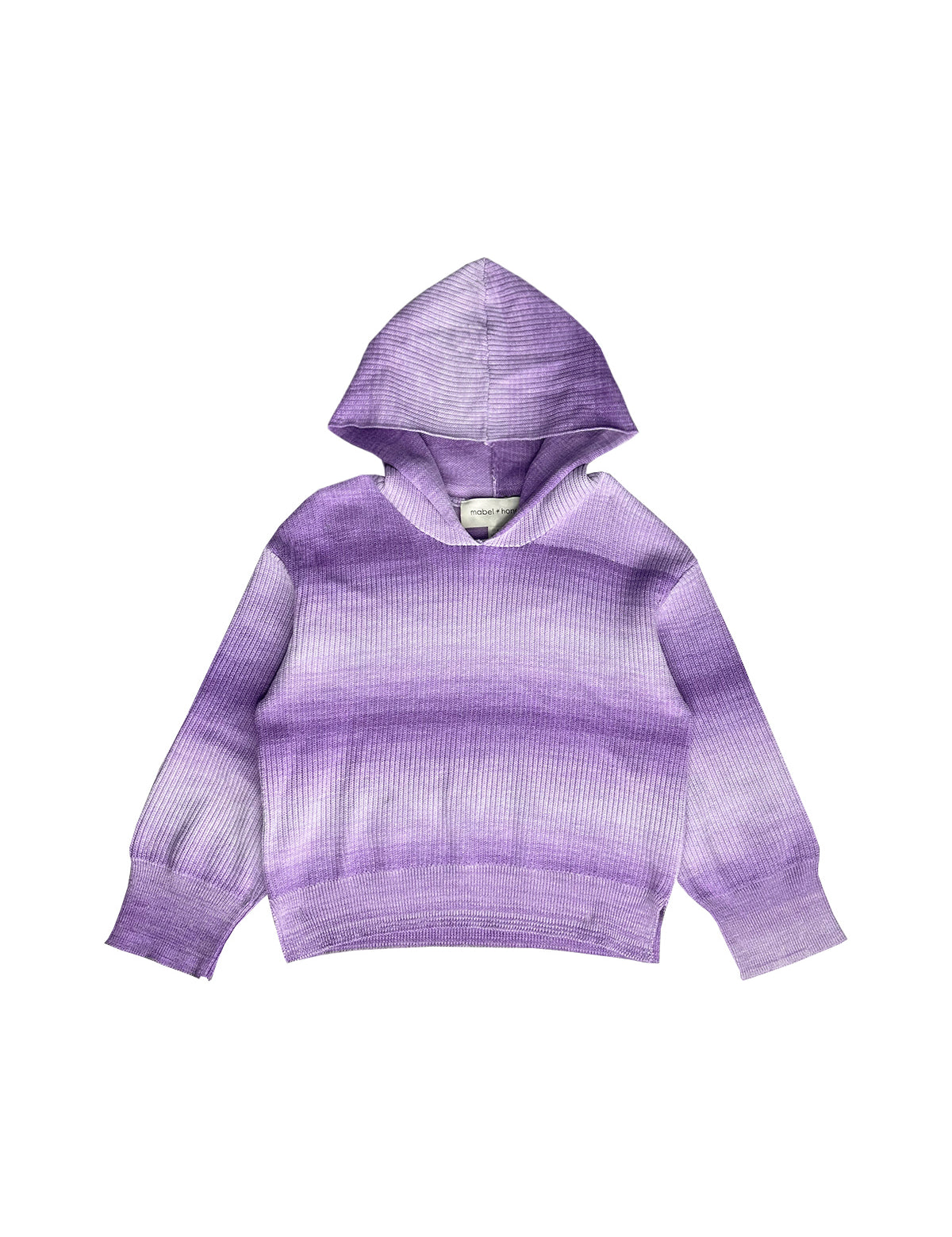 The Mabel and Honey Tessa Long Sleeve Ombre Ribbed Knit Hooded Sweater is a girls’ casual hoodie with a purple ombre design, long sleeves, and soft ribbed knit cuffs, displayed flat on a white background.