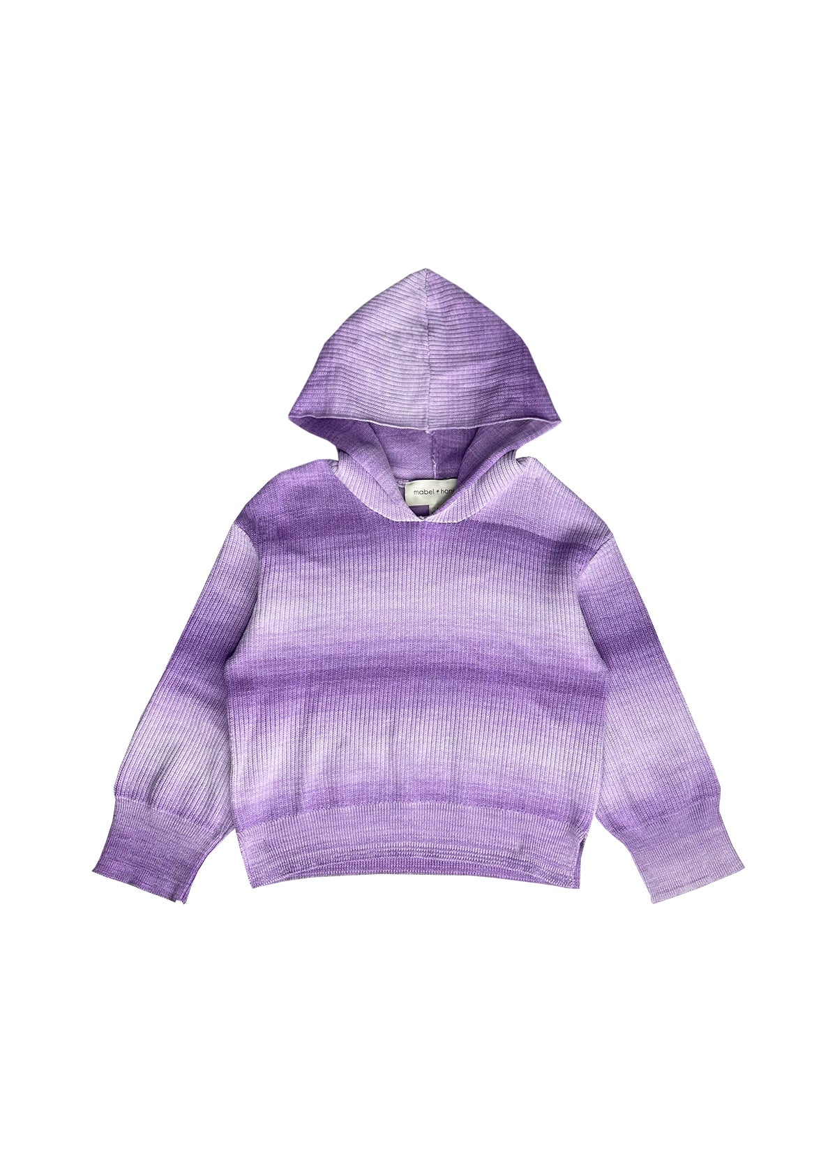 The Mabel and Honey Tessa Long Sleeve Ombre Ribbed Knit Hooded Sweater is a girls’ casual hoodie with a purple ombre design, long sleeves, and soft ribbed knit cuffs, displayed flat on a white background.