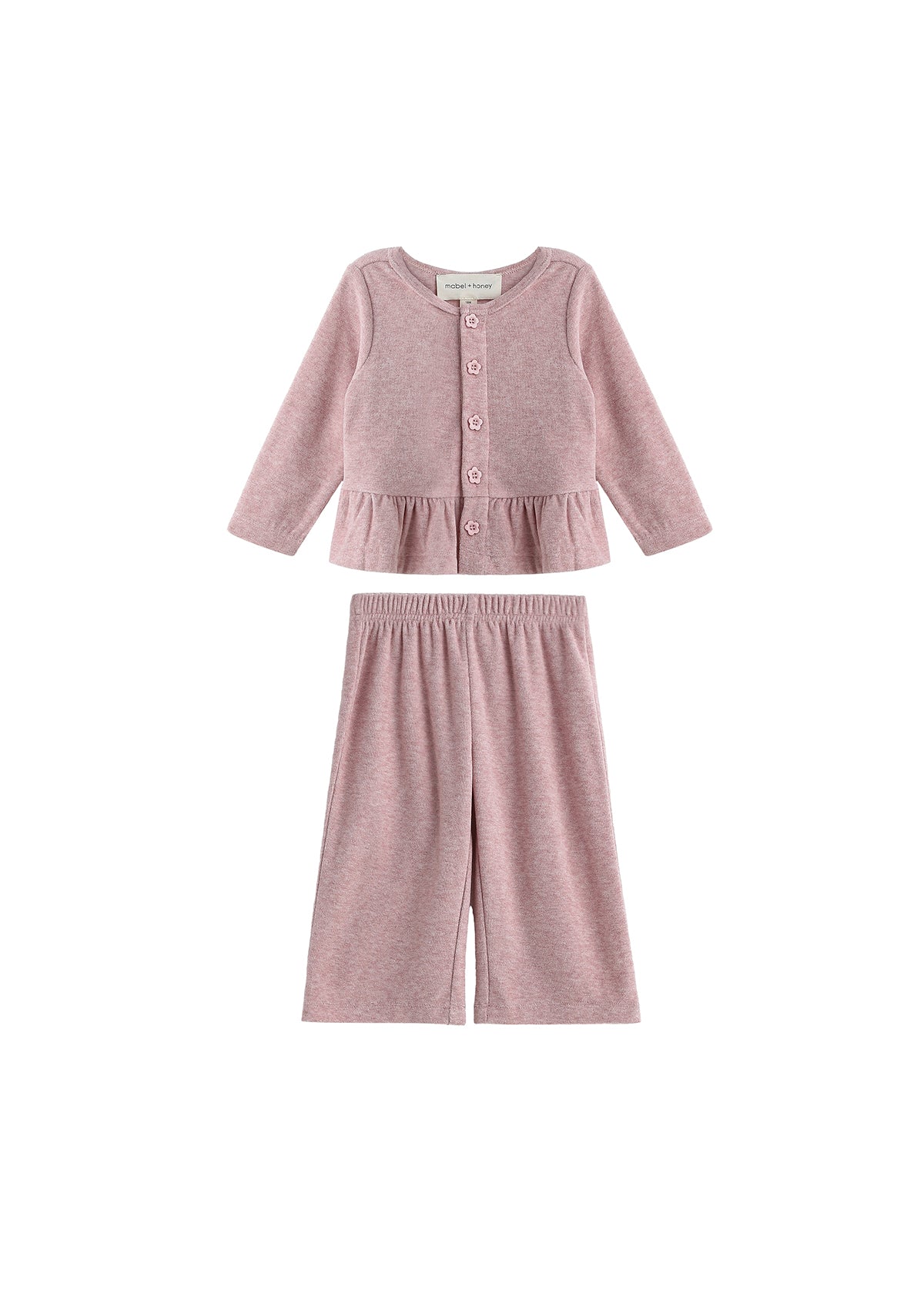 Experience effortless style with the Margret Two Piece Set from Mabel + Honey, featuring a solid long sleeve peplum top with button-up detailing and matching wide leg pants—both crafted from soft fabric for comfortable all-day wear.