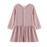 The Margret Dress Long Sleeve Solid Button Front A Line Dress by Mabel + Honey is a heathered pink knit dress for children, featuring long sleeves, flower-shaped buttons down the front, and a gathered skirt—perfect as a girls’ fall dress and displayed on a white background.