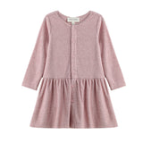 The Margret Dress Long Sleeve Solid Button Front A Line Dress by Mabel + Honey is a heathered pink knit dress for children, featuring long sleeves, flower-shaped buttons down the front, and a gathered skirt—perfect as a girls’ fall dress and displayed on a white background.