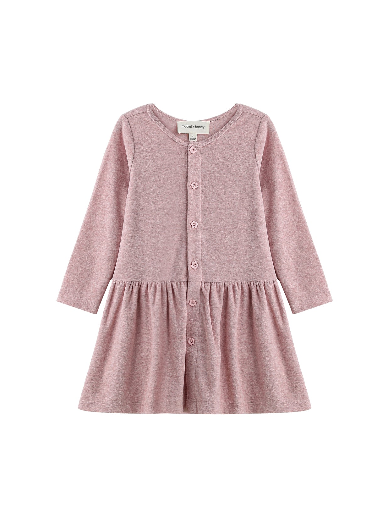 The Margret Dress Long Sleeve Solid Button Front A Line Dress by Mabel + Honey is a heathered pink knit dress for children, featuring long sleeves, flower-shaped buttons down the front, and a gathered skirt—perfect as a girls’ fall dress and displayed on a white background.
