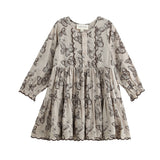 Introducing the Miss Maple Long Sleeve Butterfly Print Scalloped Trim Tiered Dress by Mabel and Honey. This dress showcases black butterfly motifs on a light beige backdrop, crafted from lightweight cotton. It features a tiered skirt, buttoned neckline, and delicate scalloped trim accenting the bodice, sleeves, and hem.