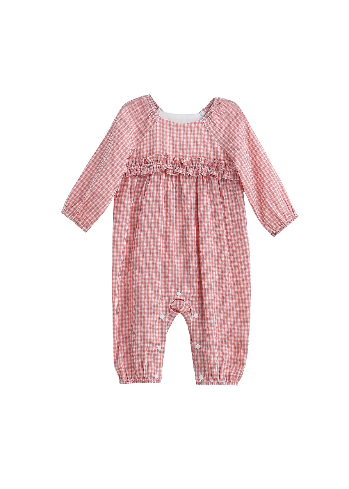 The Rosie Posie Long Sleeve Gingham Ruffle Waist Bubble Romper by Mabel and Honey features a charming red and white coral gingham pattern, ruffle detailing across the chest, and convenient snap buttons along the legs. Crafted from lightweight cotton with a gentle bubble silhouette, this romper is as comfortable as it is adorable.