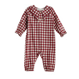 Introducing the Valentina Long Sleeve Gingham Heart Embroidered Collar Bubble Romper by Mabel and Honey. This adorable red and white gingham romper features a sweet heart-embroidered ruffled collar, long sleeves, and convenient front buttons, making it perfect for your infant’s everyday comfort and style.