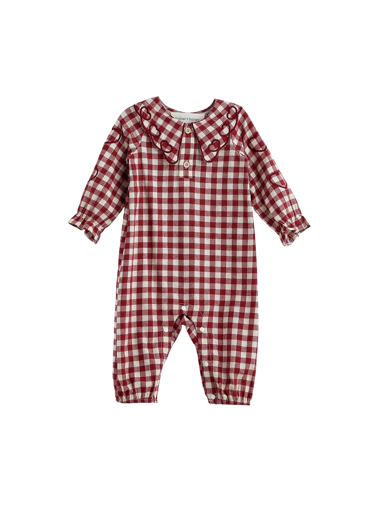 Introducing the Valentina Long Sleeve Gingham Heart Embroidered Collar Bubble Romper by Mabel and Honey. This adorable red and white gingham romper features a sweet heart-embroidered ruffled collar, long sleeves, and convenient front buttons, making it perfect for your infant’s everyday comfort and style.