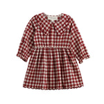 Introducing the Valentina Long Sleeve Gingham Heart Embroidered Collar A Line Dress by Mabel and Honey, featuring a classic red and white gingham pattern, elegant long sleeves with ruffled cuffs, delicate heart-embroidered scalloped Peter Pan collar, button-down front, and a gathered A-line skirt for a vintage-inspired look—perfect for your little one.