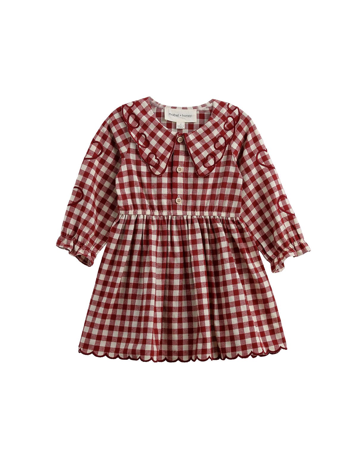 Introducing the Valentina Long Sleeve Gingham Heart Embroidered Collar A Line Dress by Mabel and Honey, featuring a classic red and white gingham pattern, elegant long sleeves with ruffled cuffs, delicate heart-embroidered scalloped Peter Pan collar, button-down front, and a gathered A-line skirt for a vintage-inspired look—perfect for your little one.