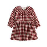 Introducing the Valentina Long Sleeve Gingham Heart Embroidered Collar A Line Dress by Mabel and Honey, featuring a classic red and white gingham pattern, elegant long sleeves with ruffled cuffs, delicate heart-embroidered scalloped Peter Pan collar, button-down front, and a gathered A-line skirt for a vintage-inspired look—perfect for your little one.