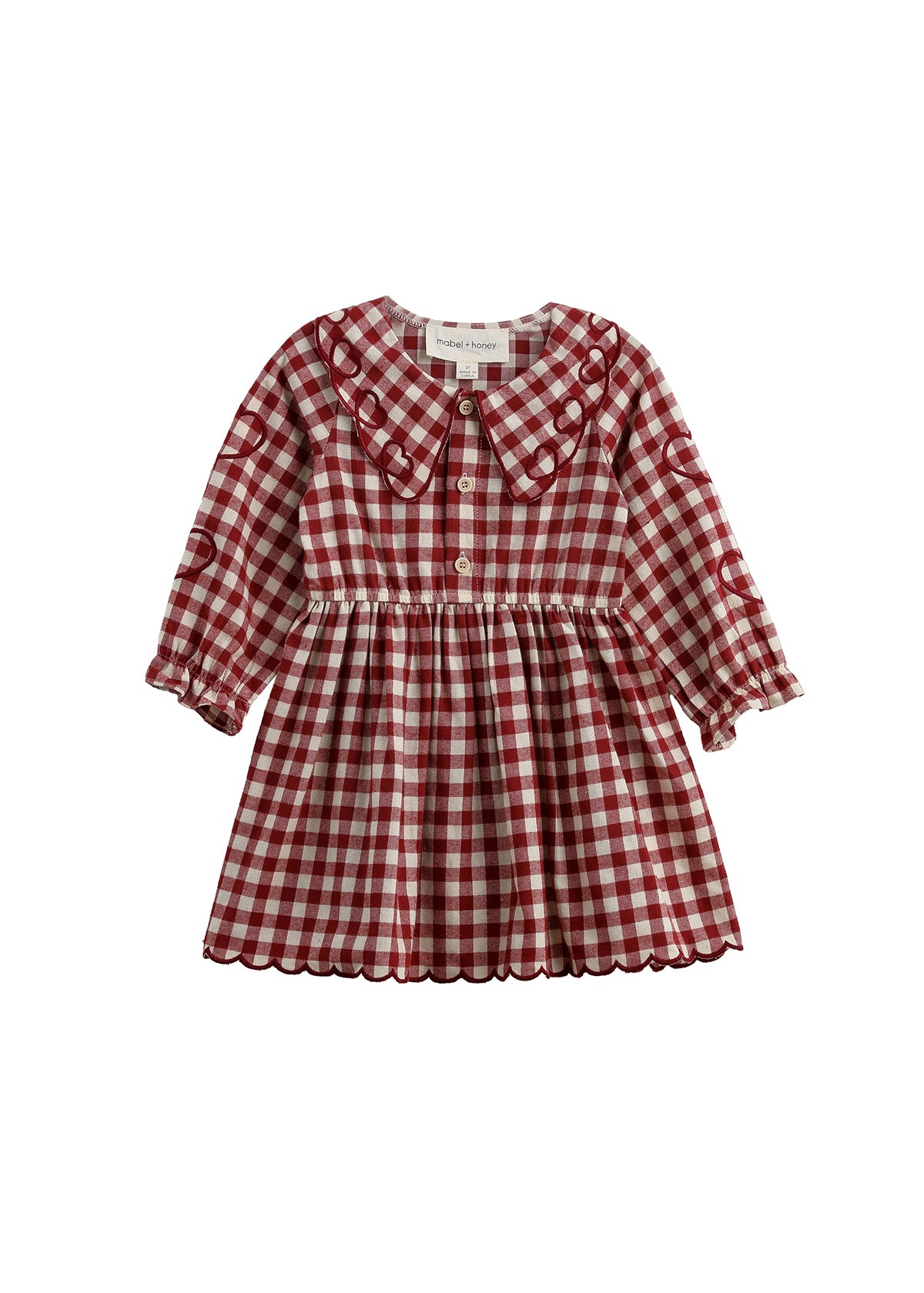 Introducing the Valentina Long Sleeve Gingham Heart Embroidered Collar A Line Dress by Mabel and Honey, featuring a classic red and white gingham pattern, elegant long sleeves with ruffled cuffs, delicate heart-embroidered scalloped Peter Pan collar, button-down front, and a gathered A-line skirt for a vintage-inspired look—perfect for your little one.