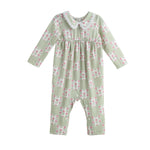 The Olive Long Sleeve Floral Patchwork Lace Collar Bubble Romper by Mabel and Honey features long sleeves, a charming green and white checkered pattern adorned with delicate pink flowers, a lace collar, and a gathered waist.