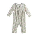 The Olive Long Sleeve Floral Patchwork Lace Collar Bubble Romper by Mabel and Honey features long sleeves, a charming green and white checkered pattern adorned with delicate pink flowers, a lace collar, and a gathered waist.