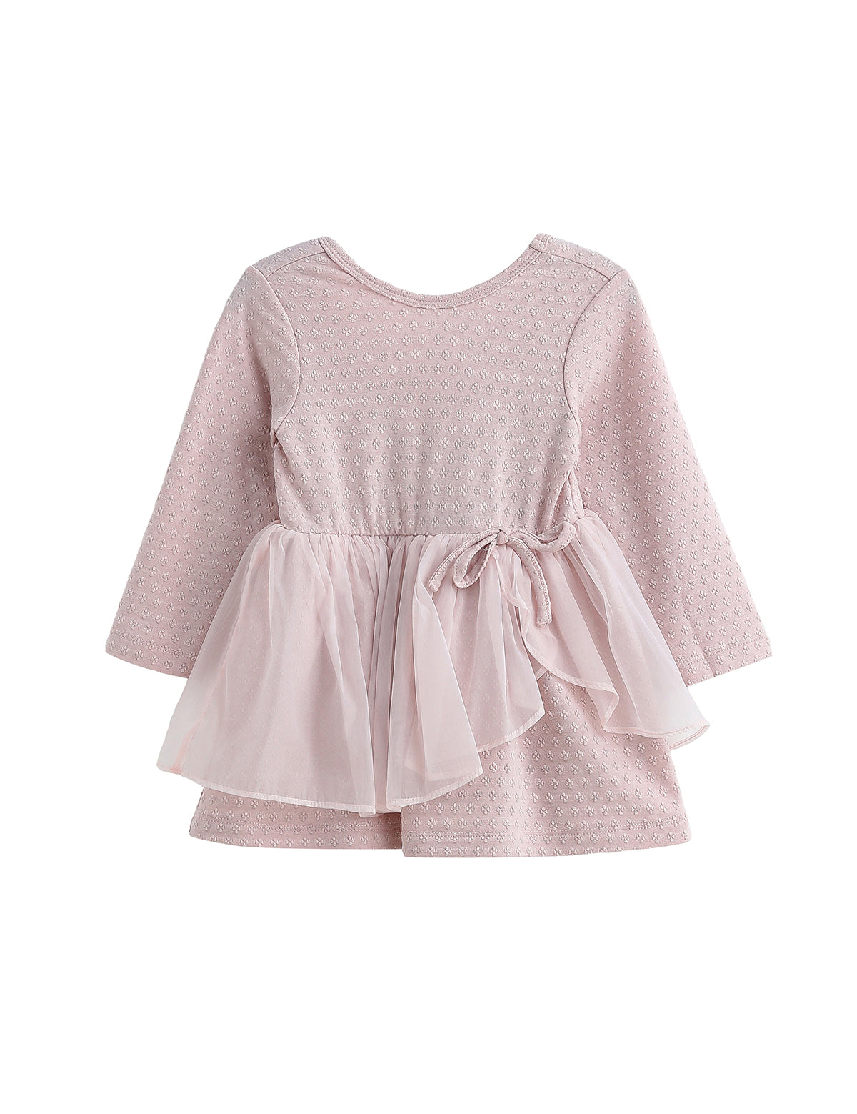 The Emma Dress Long Sleeve Solid Tiered Tulle Skirt Dress by Mabel + Honey features a light pink hue, a textured bodice, and a layered tulle skirt that’s perfect for twirling. Designed with a round neckline and a tied sash at the waist for added detail, this dress coordinates beautifully as part of matching sibling outfits.