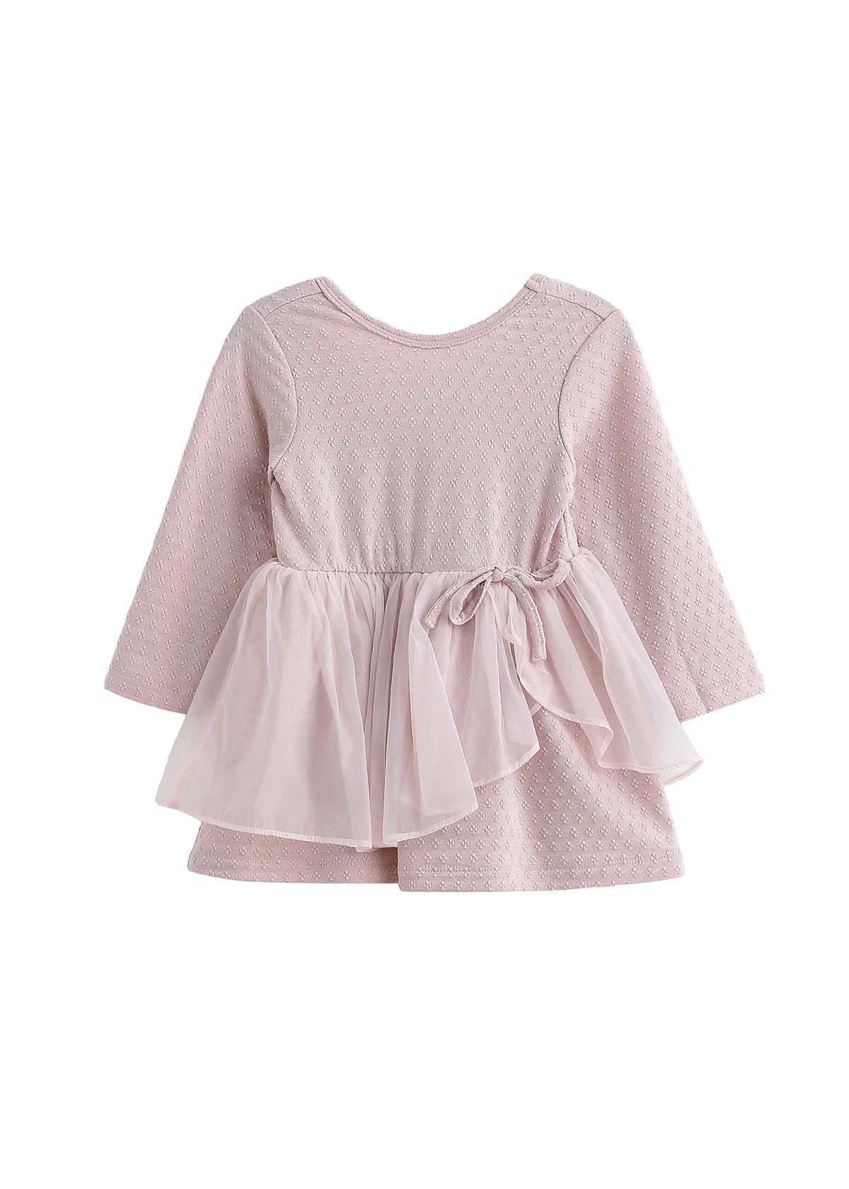 The Emma Dress Long Sleeve Solid Tiered Tulle Skirt Dress by Mabel + Honey features a light pink hue, a textured bodice, and a layered tulle skirt that’s perfect for twirling. Designed with a round neckline and a tied sash at the waist for added detail, this dress coordinates beautifully as part of matching sibling outfits.