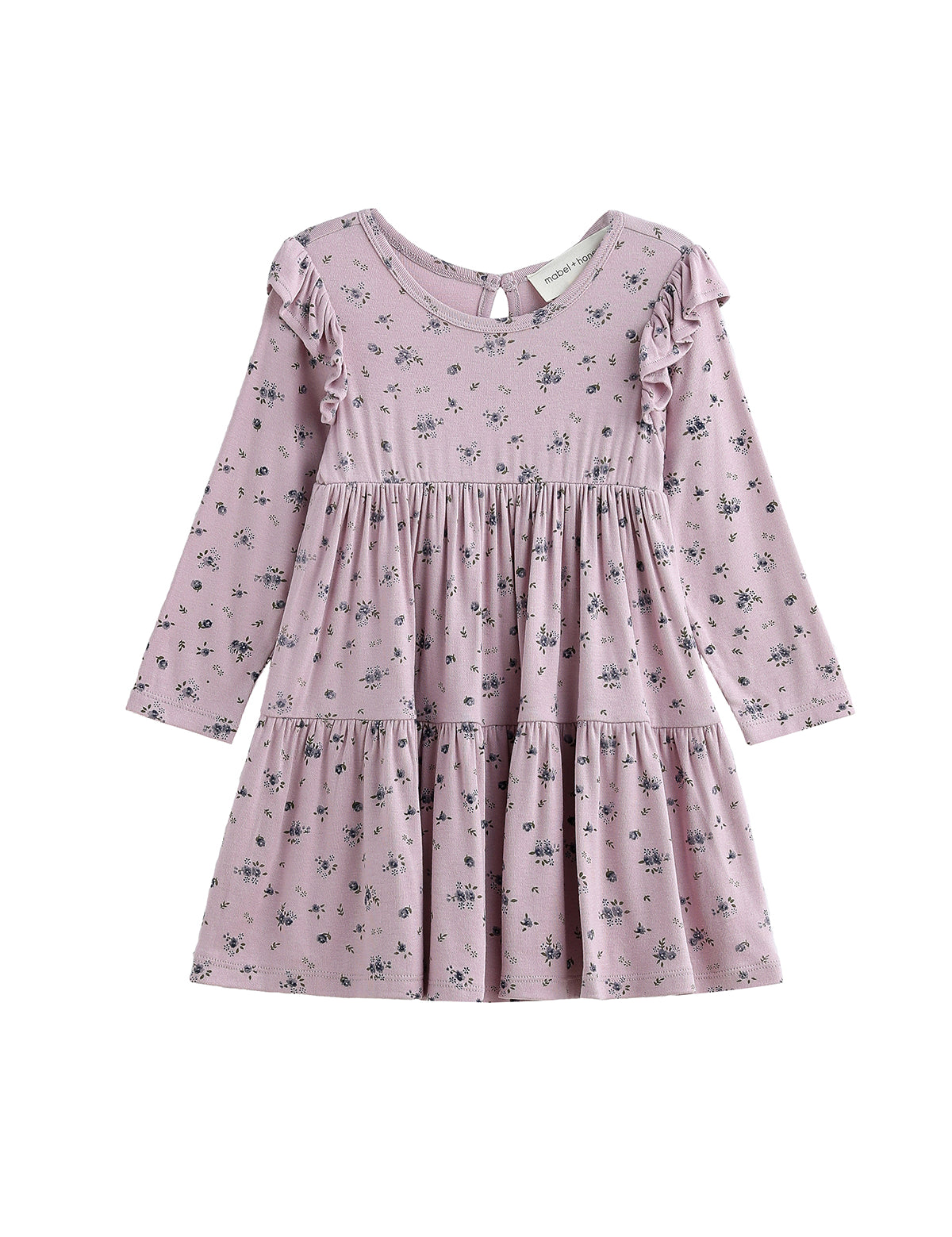 The Victoria Dress Long Sleeve Floral Tiered Ruffle Shoulder Dress by Mabel + Honey is a light purple mauve dress for girls, featuring a small floral print, ruffled shoulder details, and a tiered skirt, displayed on a white background.