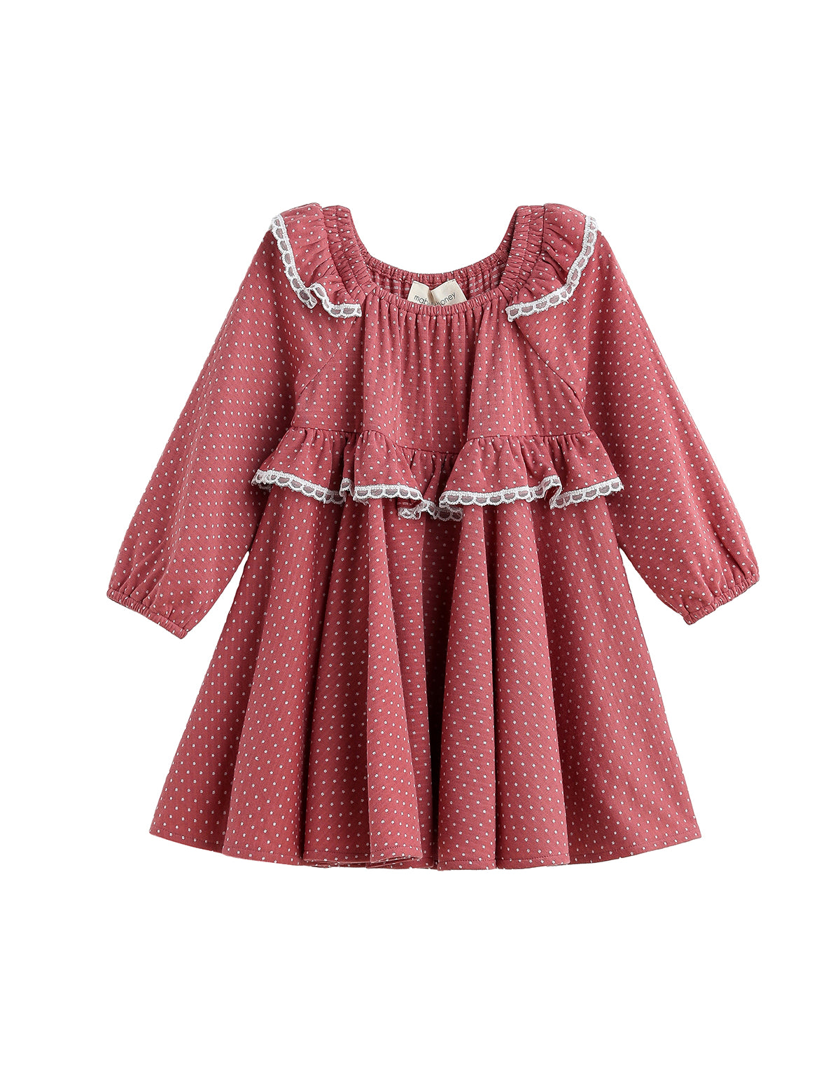 A long-sleeved, knee-length Maribelle Dress Long Sleeve Polka Dot A Line Dress by Mabel + Honey, featuring a dusty rosewood color with white polka dots, ruffled detailing, lace trim, and gathered elastic cuffs, designed for a young child.