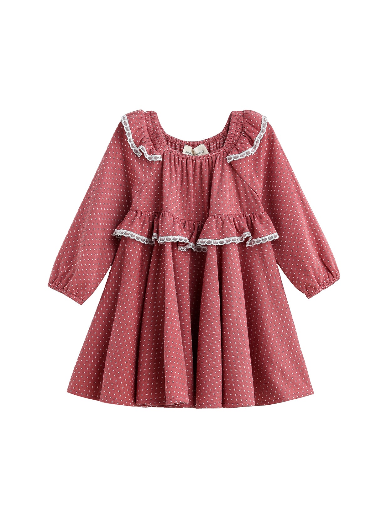 A long-sleeved, knee-length Maribelle Dress Long Sleeve Polka Dot A Line Dress by Mabel + Honey, featuring a dusty rosewood color with white polka dots, ruffled detailing, lace trim, and gathered elastic cuffs, designed for a young child.