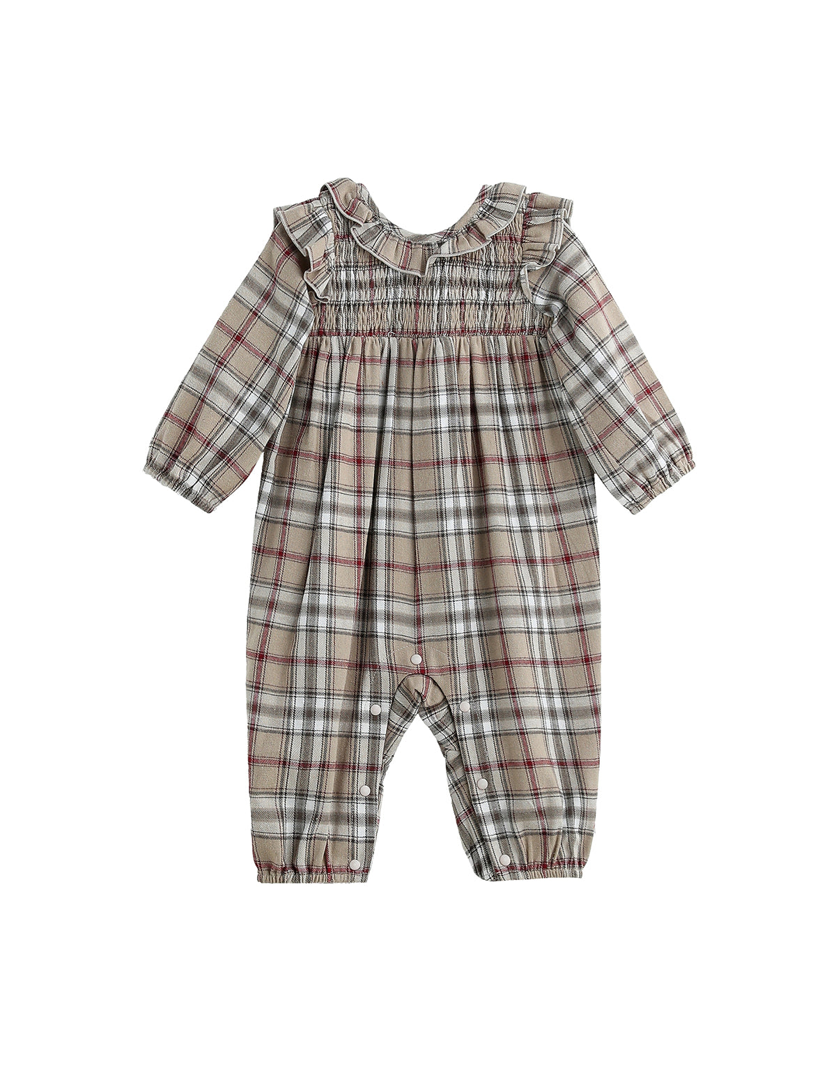 The Mabel + Honey Chestnut Romper is a charming long sleeve bubble romper featuring a plaid pattern in beige, gray, and red. This adorable piece has a smocked bodice, ruffle collar, elastic cuffs at the wrists and ankles for a cozy fit.
