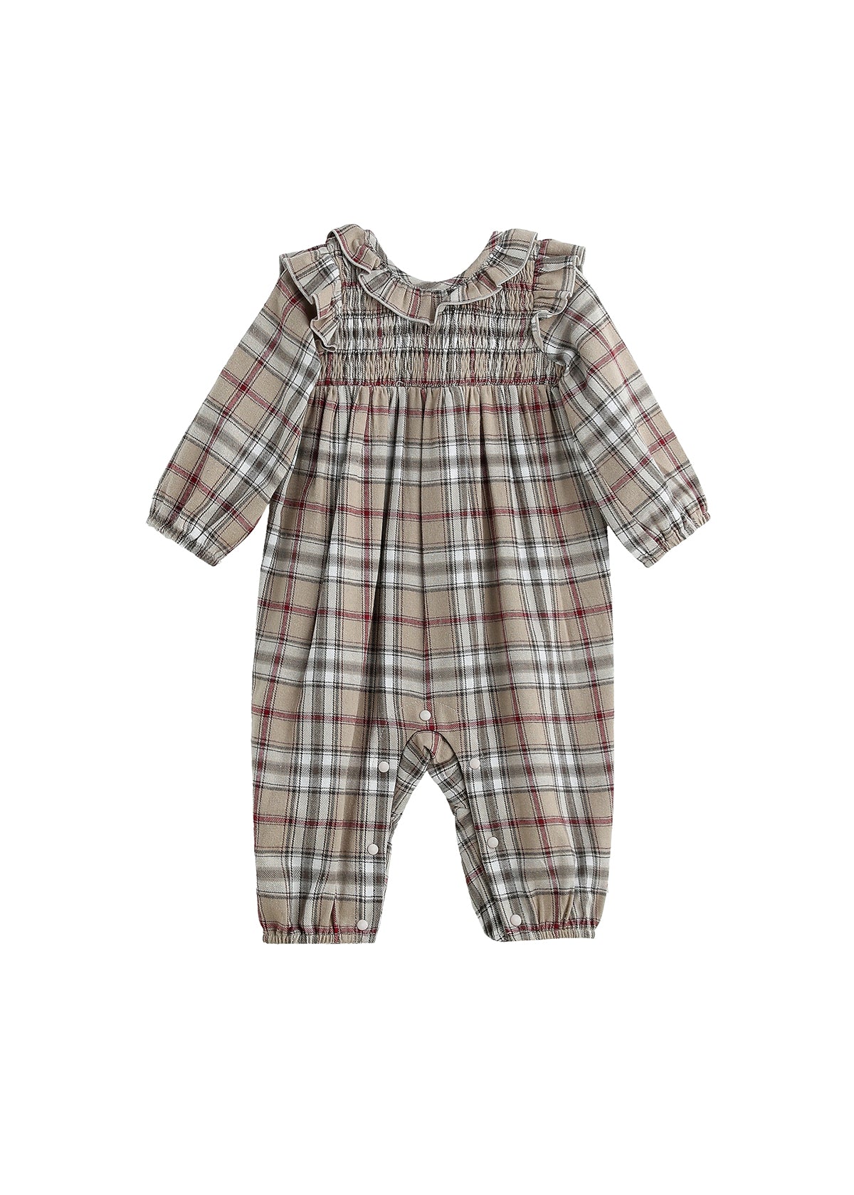 The Mabel + Honey Chestnut Romper is a charming long sleeve bubble romper featuring a plaid pattern in beige, gray, and red. This adorable piece has a smocked bodice, ruffle collar, elastic cuffs at the wrists and ankles for a cozy fit.