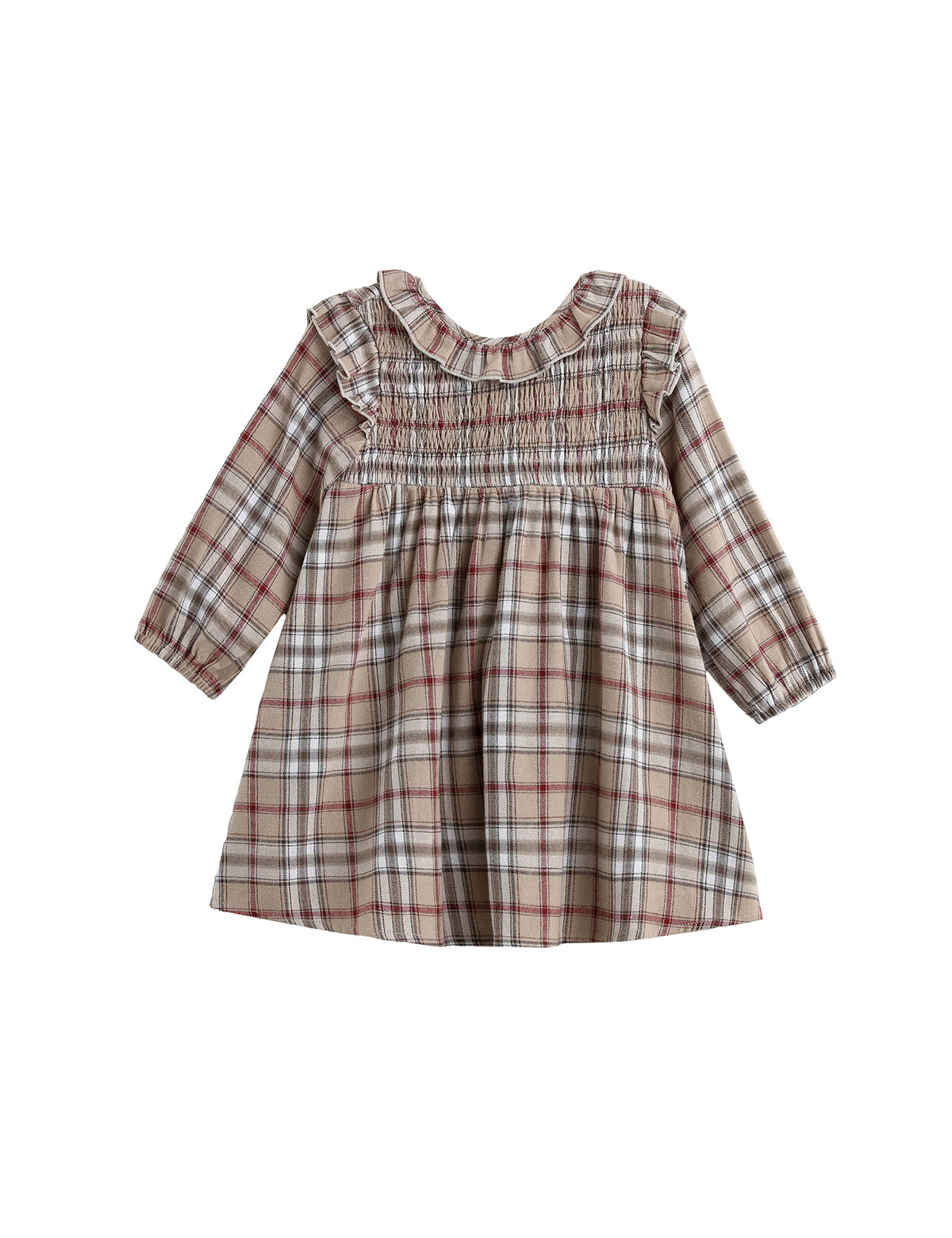 The Mabel + Honey Chestnut Dress is a long-sleeved, A-line baby dress featuring a plaid pattern in beige, red, and gray tones, ruffled shoulders, and a hand-smocked bodice. Crafted from a soft cotton blend flannel, it is displayed on a white background.