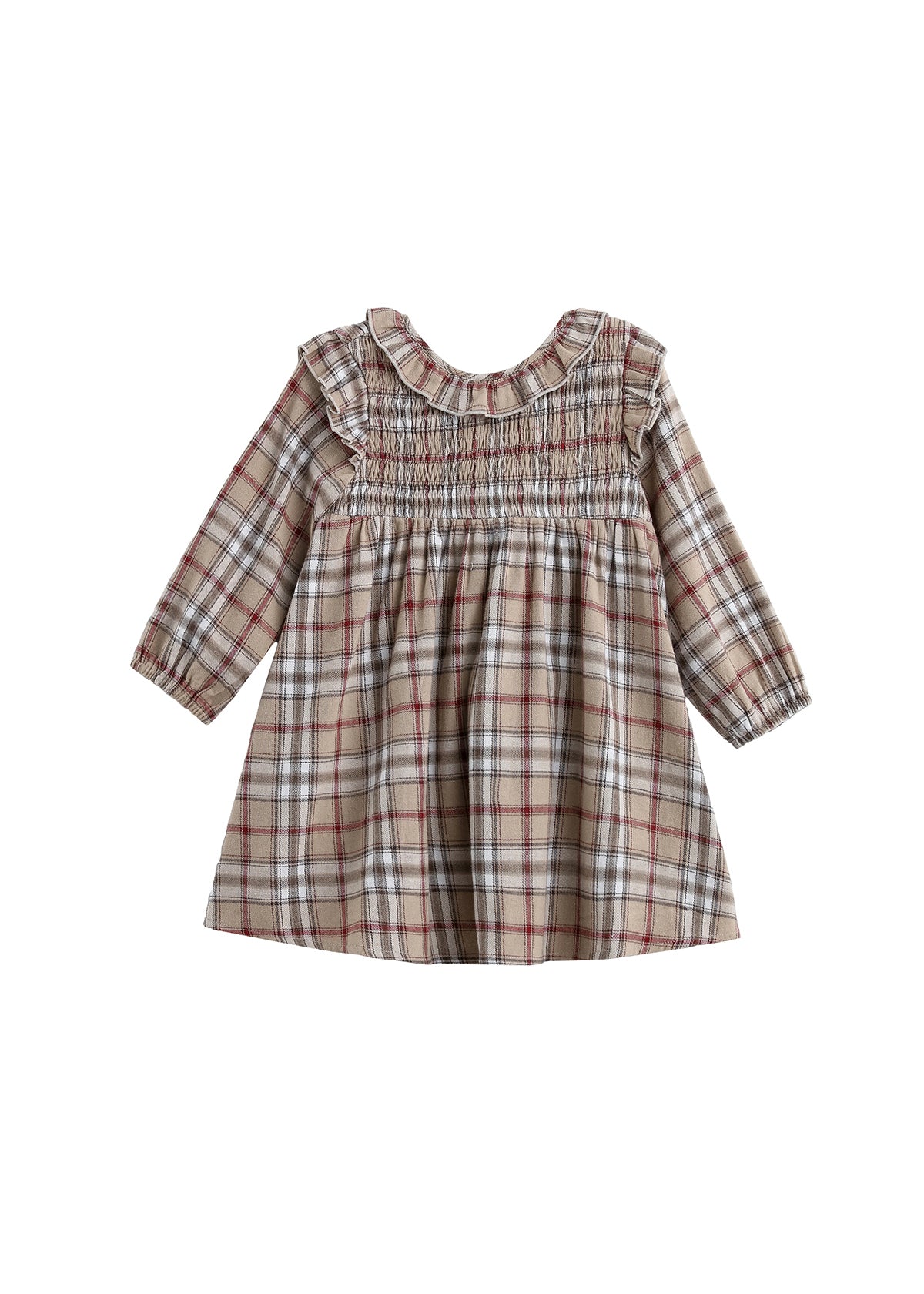 The Mabel + Honey Chestnut Dress is a long-sleeved, A-line baby dress featuring a plaid pattern in beige, red, and gray tones, ruffled shoulders, and a hand-smocked bodice. Crafted from a soft cotton blend flannel, it is displayed on a white background.