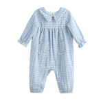 The Ella Rae Long Sleeve Gingham Heart Print Scalloped Collar Romper by Mabel and Honey features a charming light blue and white checkered pattern, long sleeves with ruffled cuffs, a sweet scalloped collar, two front pockets, and convenient snap buttons along the legs.