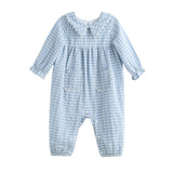 The Ella Rae Long Sleeve Gingham Heart Print Scalloped Collar Romper by Mabel and Honey features a charming light blue and white checkered pattern, long sleeves with ruffled cuffs, a sweet scalloped collar, two front pockets, and convenient snap buttons along the legs.
