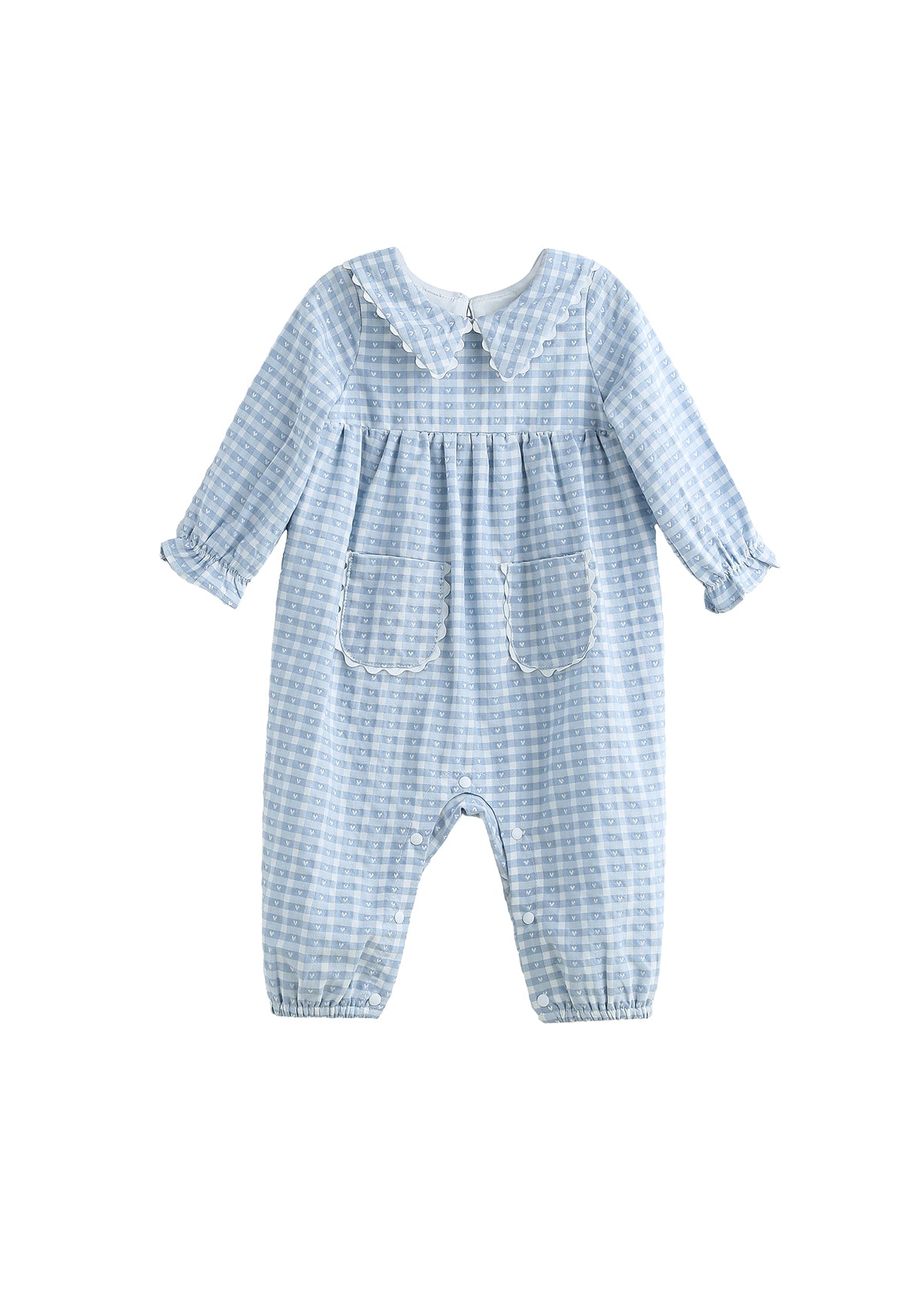 The Ella Rae Long Sleeve Gingham Heart Print Scalloped Collar Romper by Mabel and Honey features a charming light blue and white checkered pattern, long sleeves with ruffled cuffs, a sweet scalloped collar, two front pockets, and convenient snap buttons along the legs.