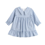 The Mabel + Honey Ella Rae Dress is a long sleeve plaid empire waist dress for children, featuring a light blue and white gingham pattern with a ruffled hem, two front pockets, and an adorable Peter Pan collar. With soft, vintage-inspired details like gathered cuffs, this dress is perfect for sibling matching outfits.