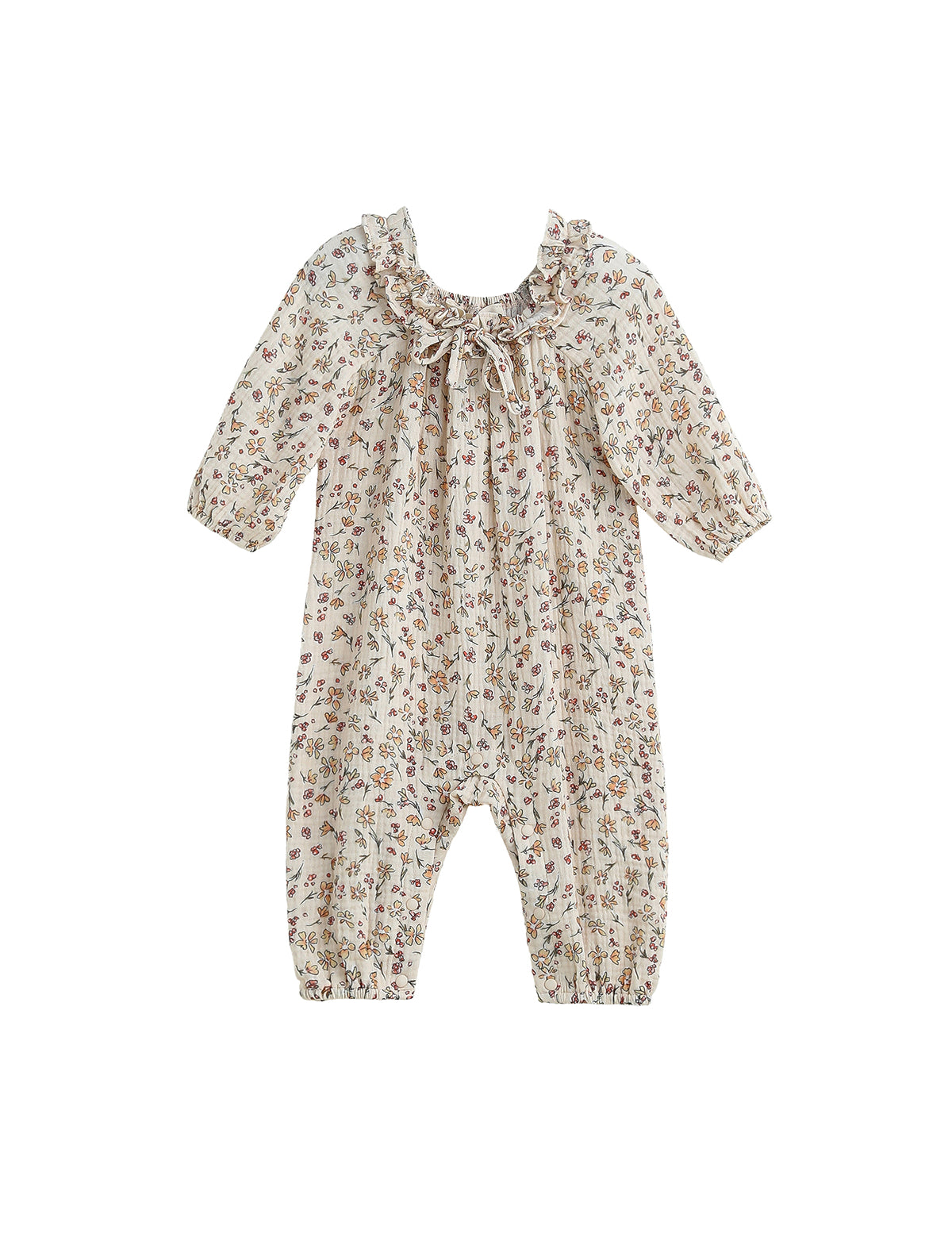 The Autumn Breeze Romper by Mabel + Honey is a long sleeve floral romper featuring a ruffle collar, gathered cuffs, and a cream background with small muted floral prints.