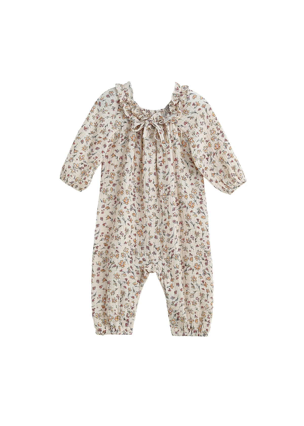 The Autumn Breeze Romper by Mabel + Honey is a long sleeve floral romper featuring a ruffle collar, gathered cuffs, and a cream background with small muted floral prints.