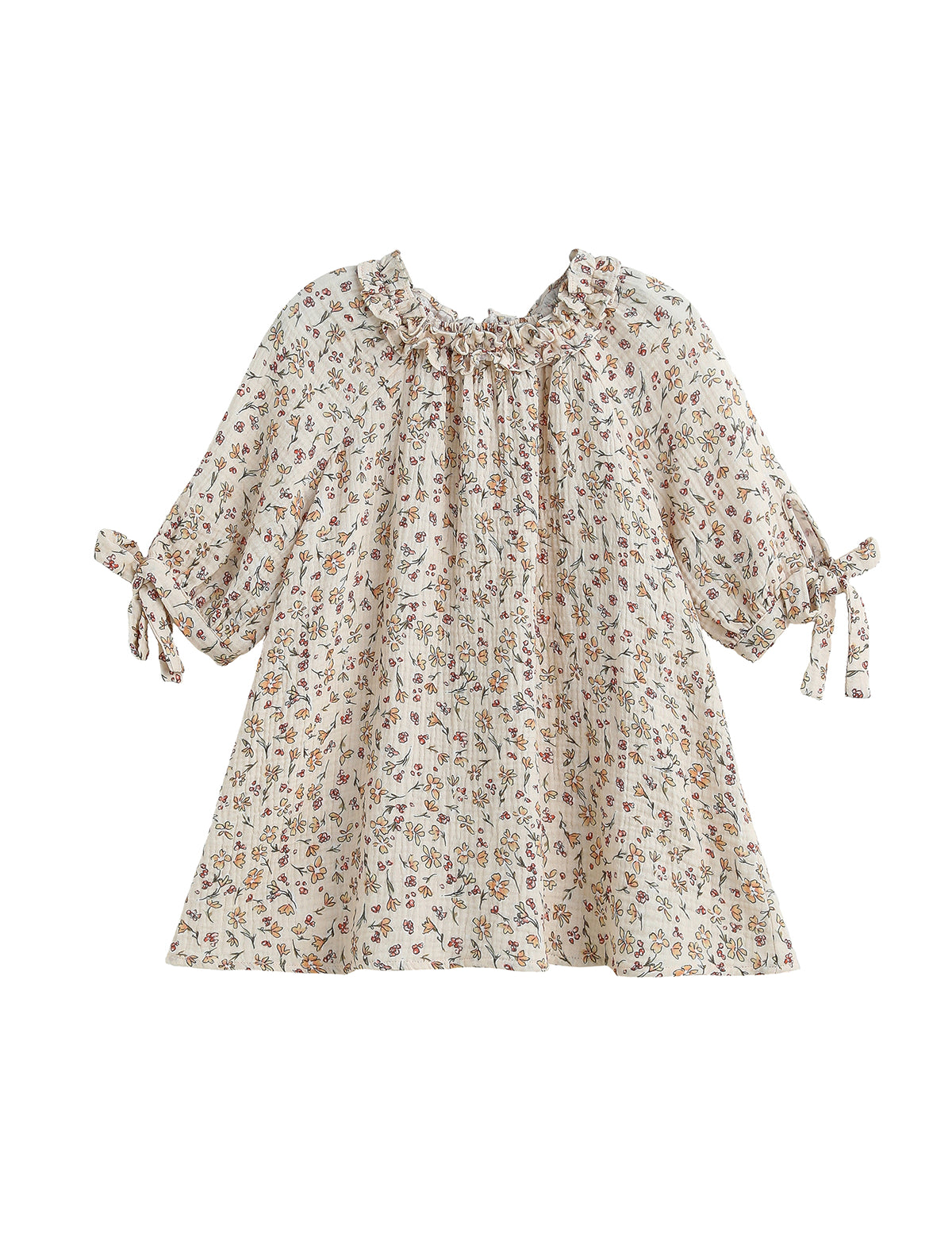 The Mabel and Honey Autumn Breeze Three Quarter Sleeve Floral Ruffle Neck Tie Cuff A Line Dress features a cream-colored floral print, ruffled neckline, gathered collar, and charming bow ties at the cuffs. Designed with a loose, flared silhouette from soft cotton gauze for comfortable wear.