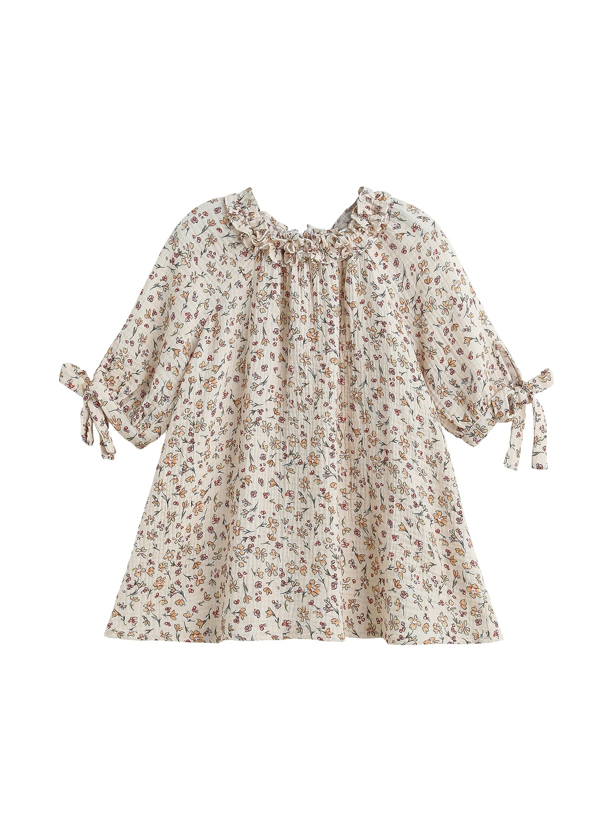 The Mabel and Honey Autumn Breeze Three Quarter Sleeve Floral Ruffle Neck Tie Cuff A Line Dress features a cream-colored floral print, ruffled neckline, gathered collar, and charming bow ties at the cuffs. Designed with a loose, flared silhouette from soft cotton gauze for comfortable wear.