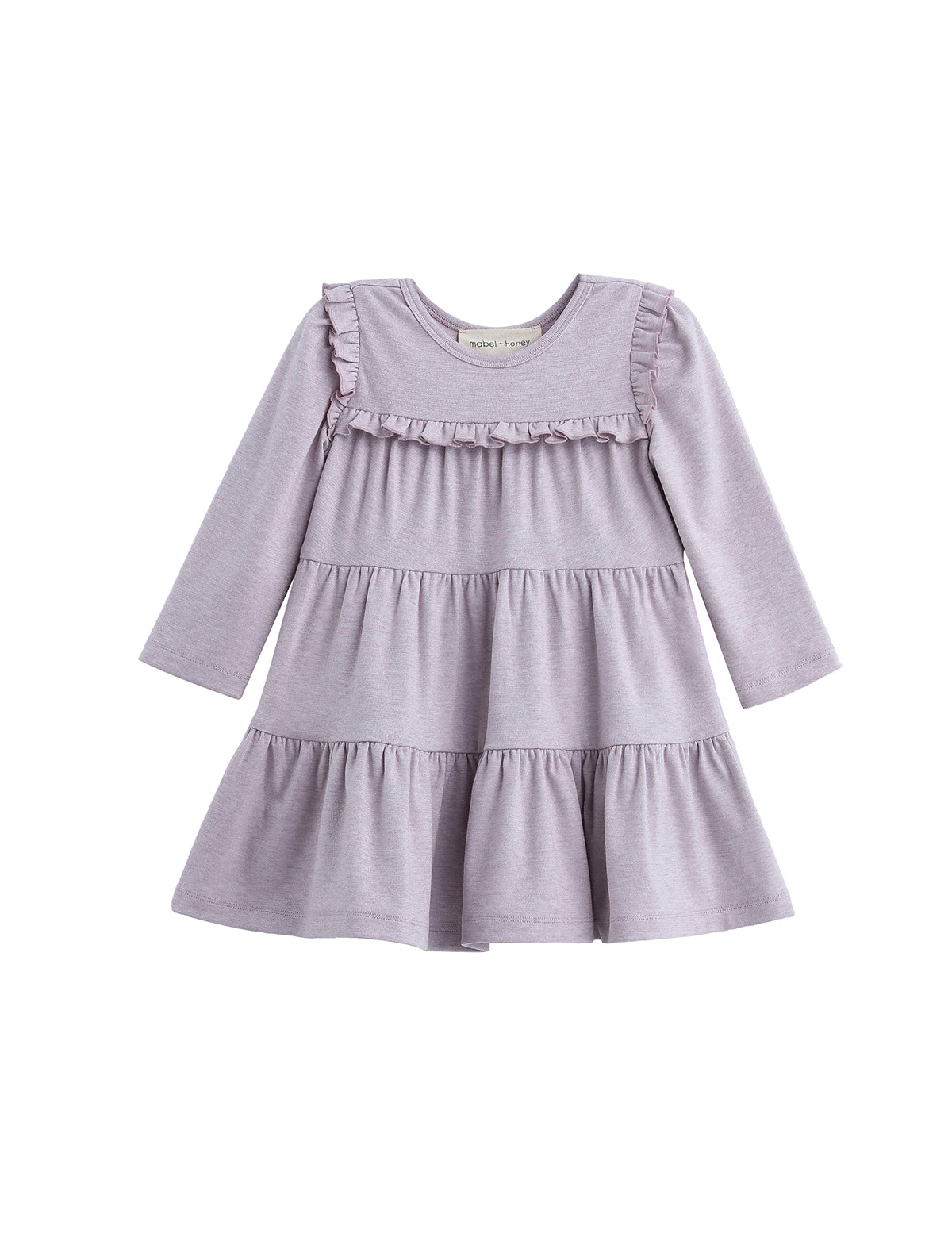 The Mabel + Honey Maggie Dress Long Sleeve Solid Ruffle Tiered Knit Dress in heathered lavender features a round neckline, charming ruffle details across the chest and skirt, and a playful tiered silhouette—perfect for coordinating sibling outfits.