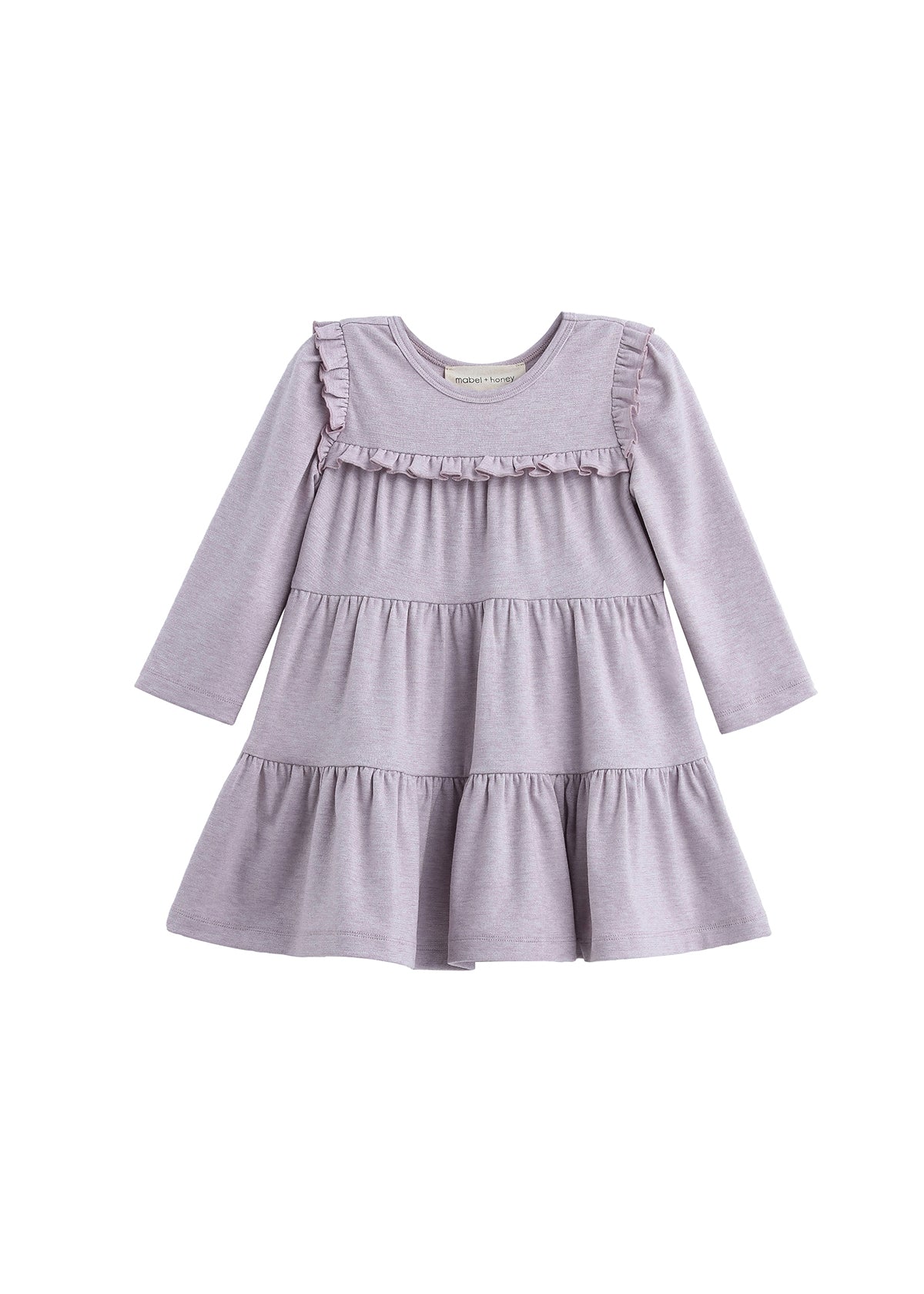 The Mabel + Honey Maggie Dress Long Sleeve Solid Ruffle Tiered Knit Dress in heathered lavender features a round neckline, charming ruffle details across the chest and skirt, and a playful tiered silhouette—perfect for coordinating sibling outfits.