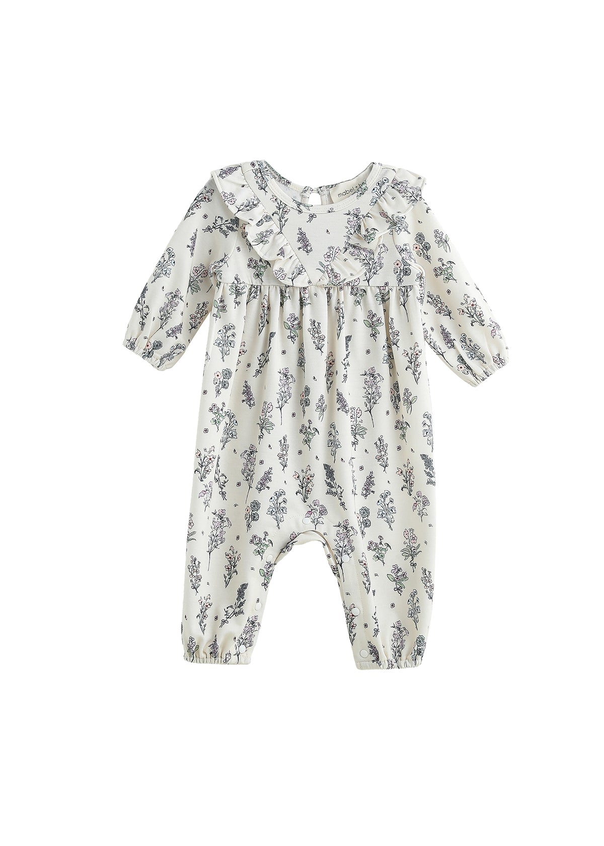 The Gracie Long Sleeve Floral Ruffle Collar Bubble Romper by Mabel and Honey is a cream-colored baby romper featuring long sleeves, a ruffled collar, and a charming wildflower floral print. Designed for comfort, it includes elastic cuffs at the ankles and wrists and is made from a soft stretch jersey knit fabric to ensure an ideal fit for your little one.