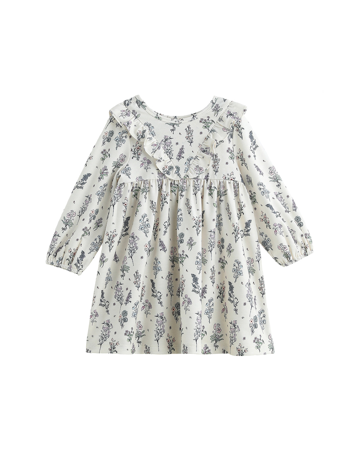 The Mabel + Honey Gracie Dress Long Sleeve Floral Ruffle Trim Empire Waist Dress is a white everyday dress for girls, adorned with a charming blue floral print and delicate ruffle details along the chest and shoulders, thoughtfully designed for young children.
