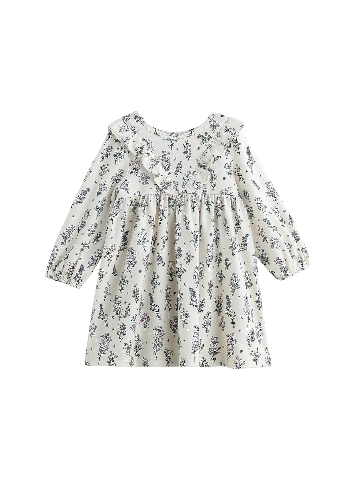 The Mabel + Honey Gracie Dress Long Sleeve Floral Ruffle Trim Empire Waist Dress is a white everyday dress for girls, adorned with a charming blue floral print and delicate ruffle details along the chest and shoulders, thoughtfully designed for young children.