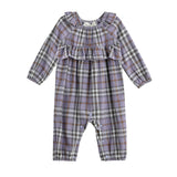 Introducing the Mabel + Honey Char Romper Long Sleeve Plaid Ruffle Trim Romper: this adorable baby romper features charming ruffle accents and long sleeves, designed in a soft lavender flannel plaid with shades of purple, gray, and white. Convenient snaps along the inner legs make for easy changing.