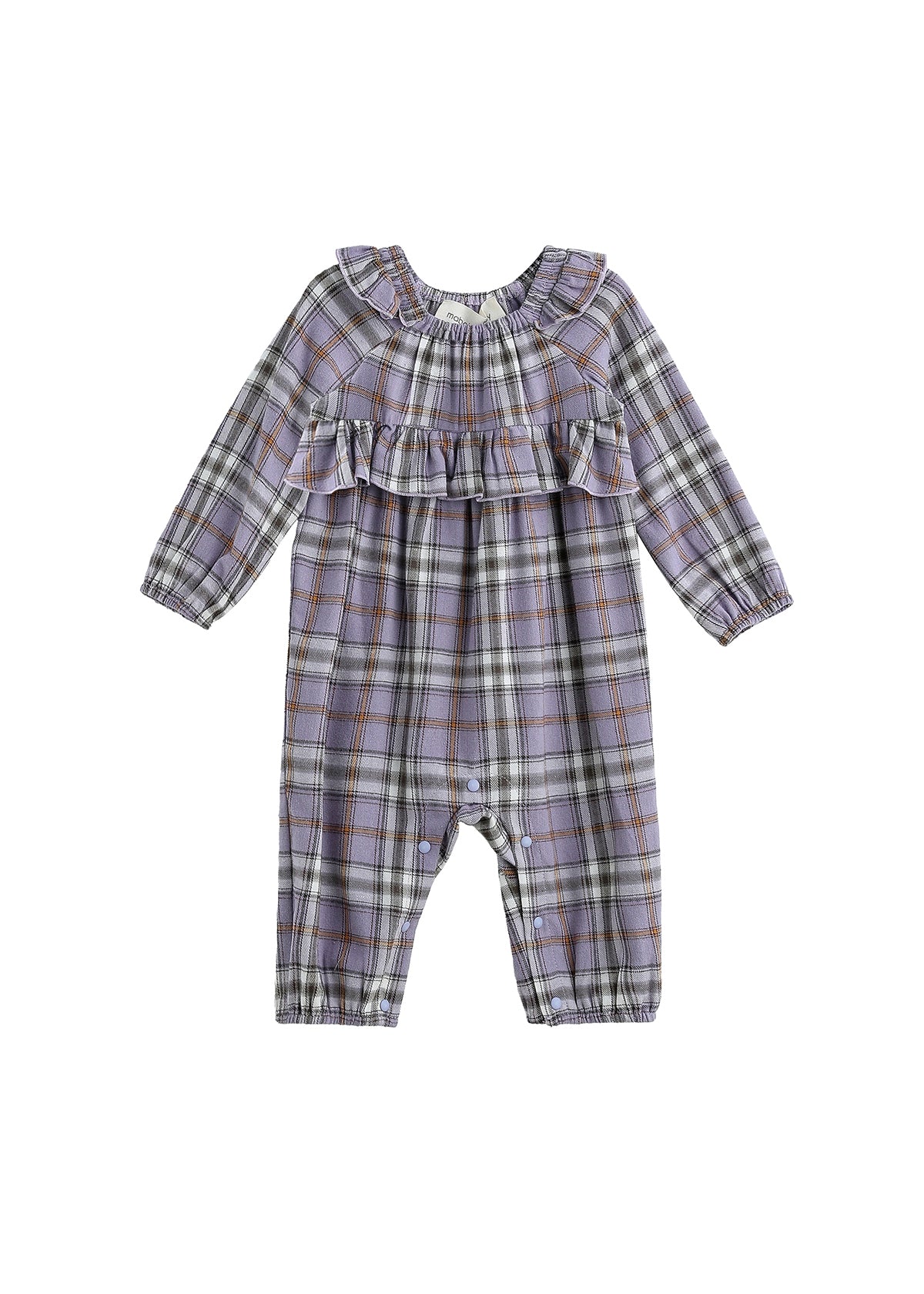 Introducing the Mabel + Honey Char Romper Long Sleeve Plaid Ruffle Trim Romper: this adorable baby romper features charming ruffle accents and long sleeves, designed in a soft lavender flannel plaid with shades of purple, gray, and white. Convenient snaps along the inner legs make for easy changing.